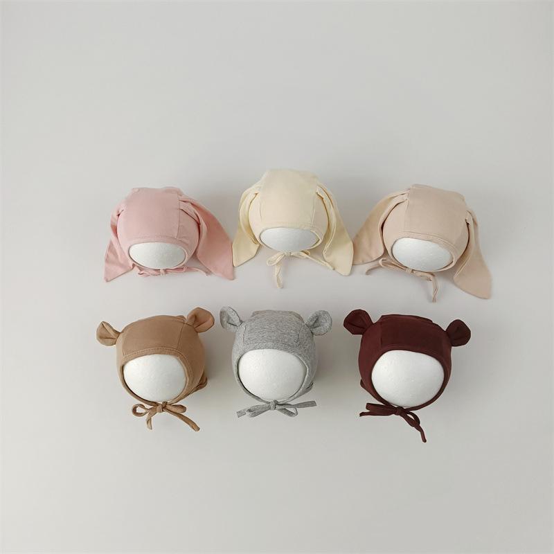 Korean Cute Cartoon Bunny Bear Ear Newborn Hat Beanie Spring Autumn Toddler Cap Turban with Strap for Infant Baby Boys Girls