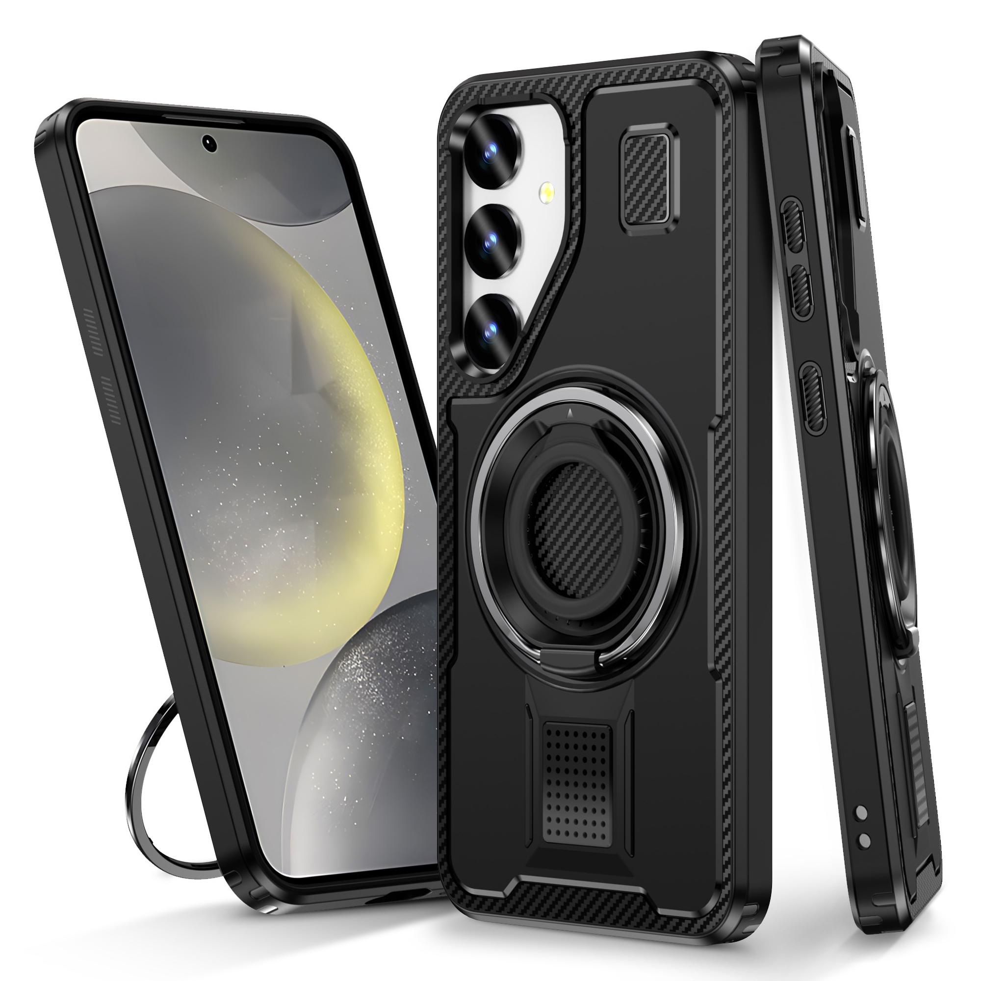 

For Samsung Galaxy S24+ Case TPU+PC Kickstand Phone Cover with Silicone Finger Strap Black