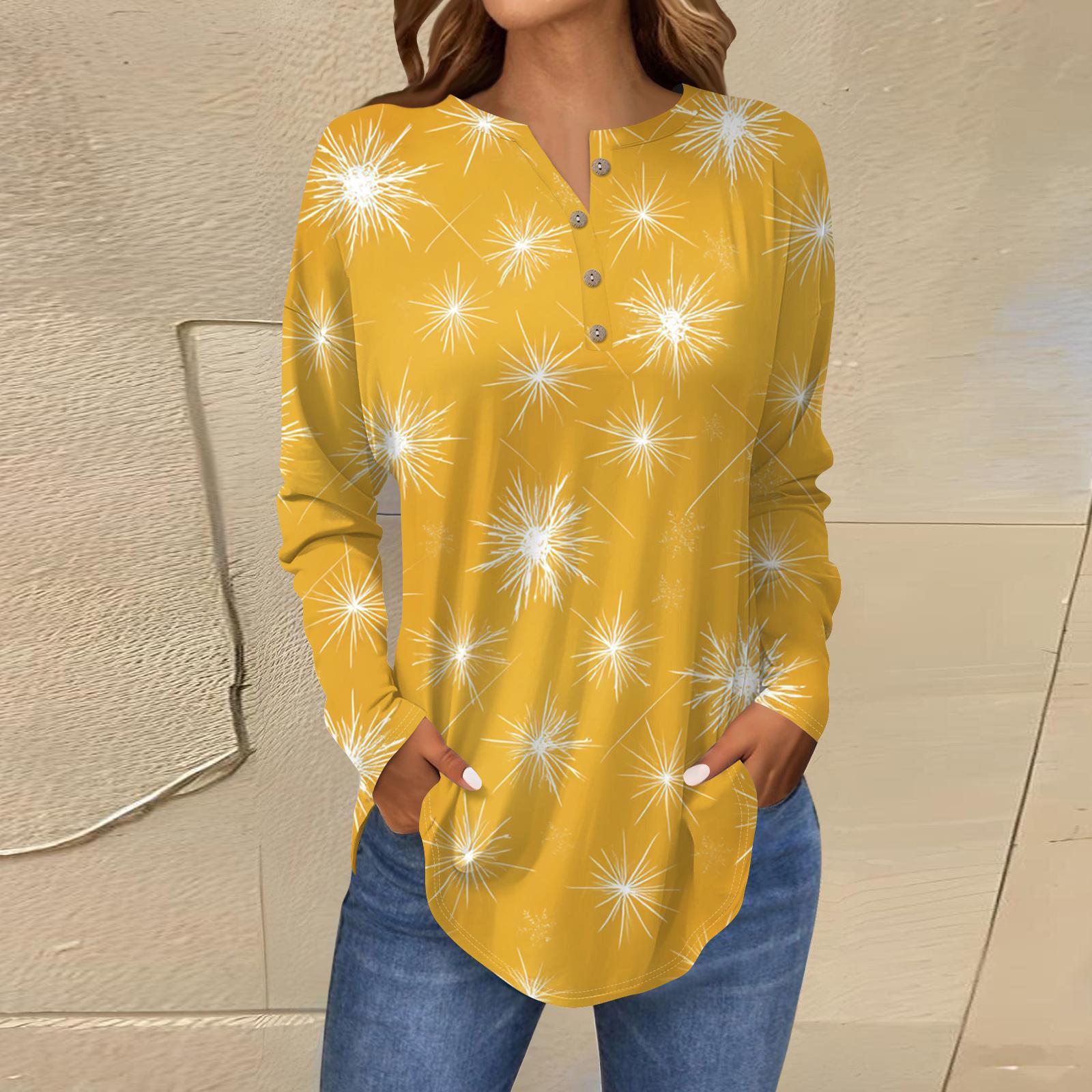 

Women s Fashionable Loose-Fit Button-Down Collar Christmas Print Long-Sleeved Top XL