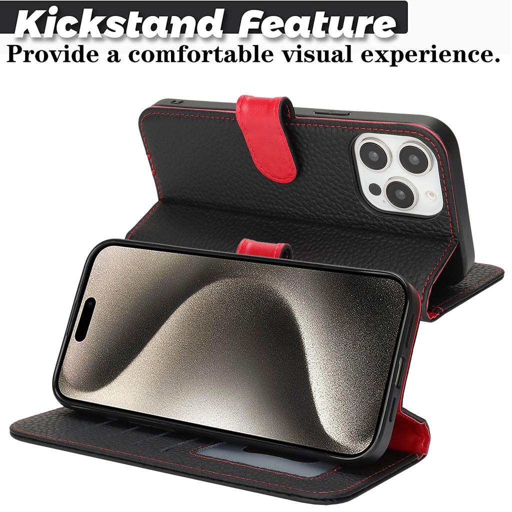 For iPhone 15 Pro Stand Case Litchi Texture Genuine Cow Leather Wallet Phone Cover RFID Blocking