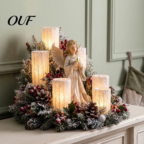 Holiday Gift for Her Christmas LED Candle Centerpiece with Artificial Cedar Pine Cones And Red Berries, Mantel Decorations Flameless Winter