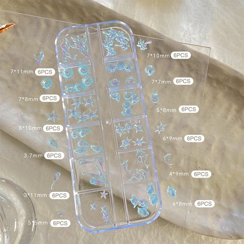 12 Grids/Box For Dreamy Oceanic Manicure Look 3D Nail Art Charms Aurora Shells Starfish Mermaid Tail Accessory