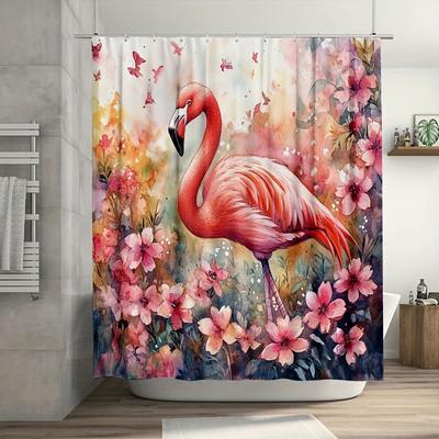 1PC Vibrant Watercolor Flamingo Shower Curtain, Pink Flowers, Durable Polyester, Easy Clean, for Bathroom & Window Decor