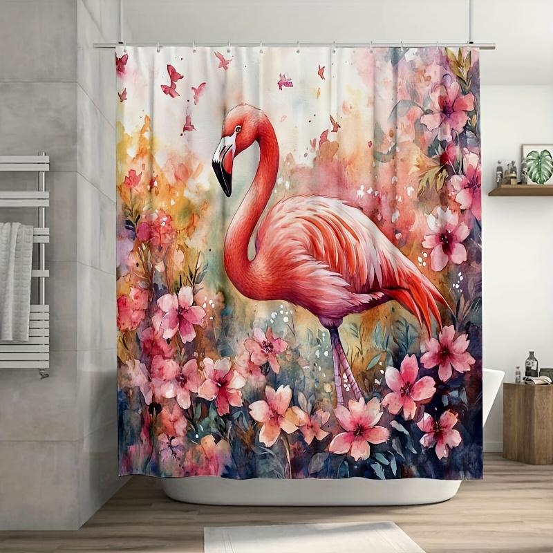 1PC Vibrant Watercolor Flamingo Shower Curtain, Pink Flowers,  Durable Polyester, Easy Clean, for Bathroom & Window Decor