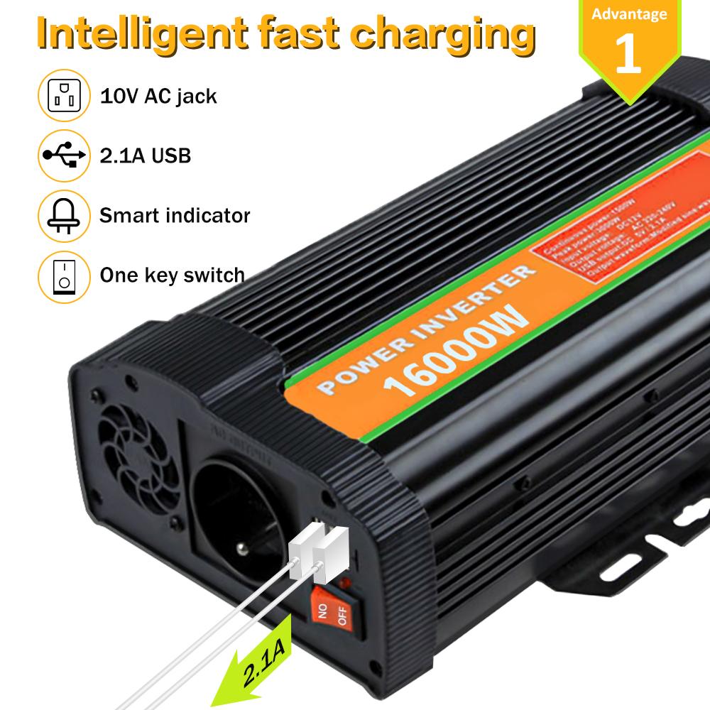 1600W Pure Sine Wave Inverter  DC 12V To 110V AC  Converter and Peak Power 3000W Car Inverter with 2.1A Dual USB Ports Quick