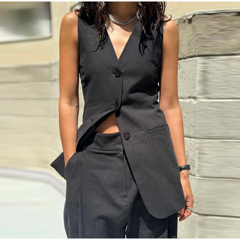 Fashion Women's Vest Top Trouser Suits Sleeveless V-Neck Straight Pants Lady Set 2025 Spring Summer Elegant 2 Pieces Set Women