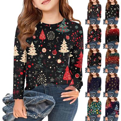 Christmas Day Girls Long Sleeve T Shirts Kids Fall Tops Crewneck Printed Basic Tees