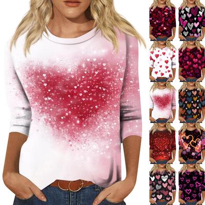 Women's Fashionable Casual Three-quarter Sleeve Valentine's Day Print Round Neck Pullover Top
