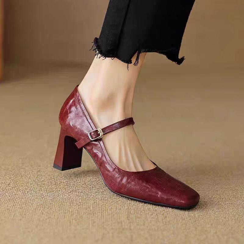 Red Thick Heel Versatile Single Shoes Women's 2025 Autumn New Square Head French Temperament Mary Jane Is Not Tired of High Heels