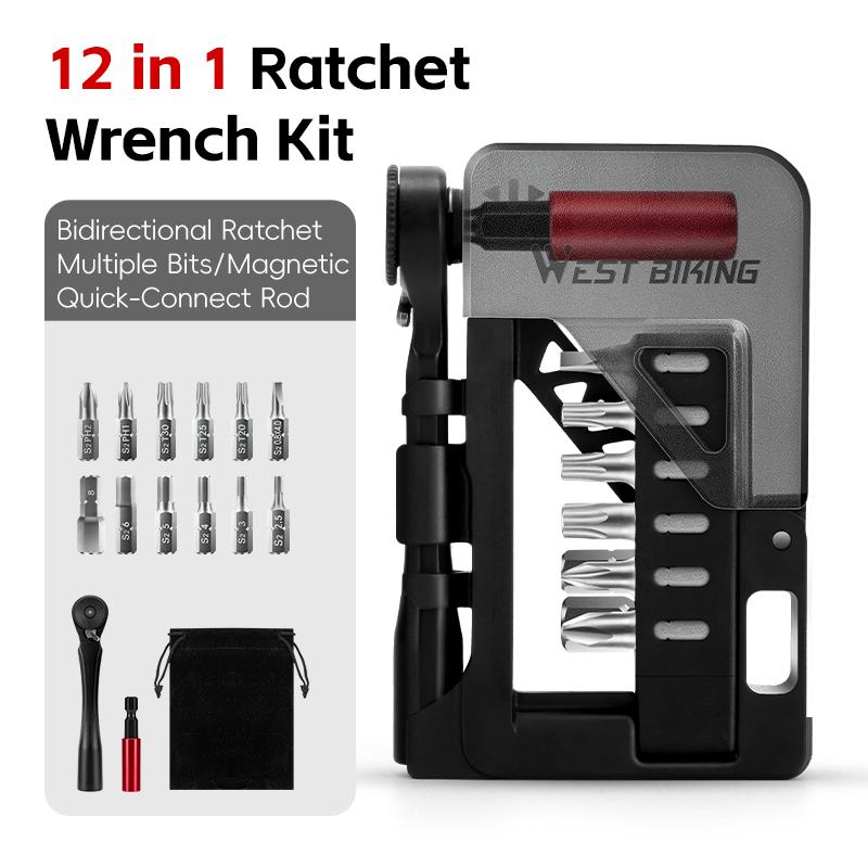 WEST BIKING Multi Functional 12-in-1 Bicycle Ratchet Wrench Tool Set Bidirectional Magnetic Ratchets Set Bike Repair Tools