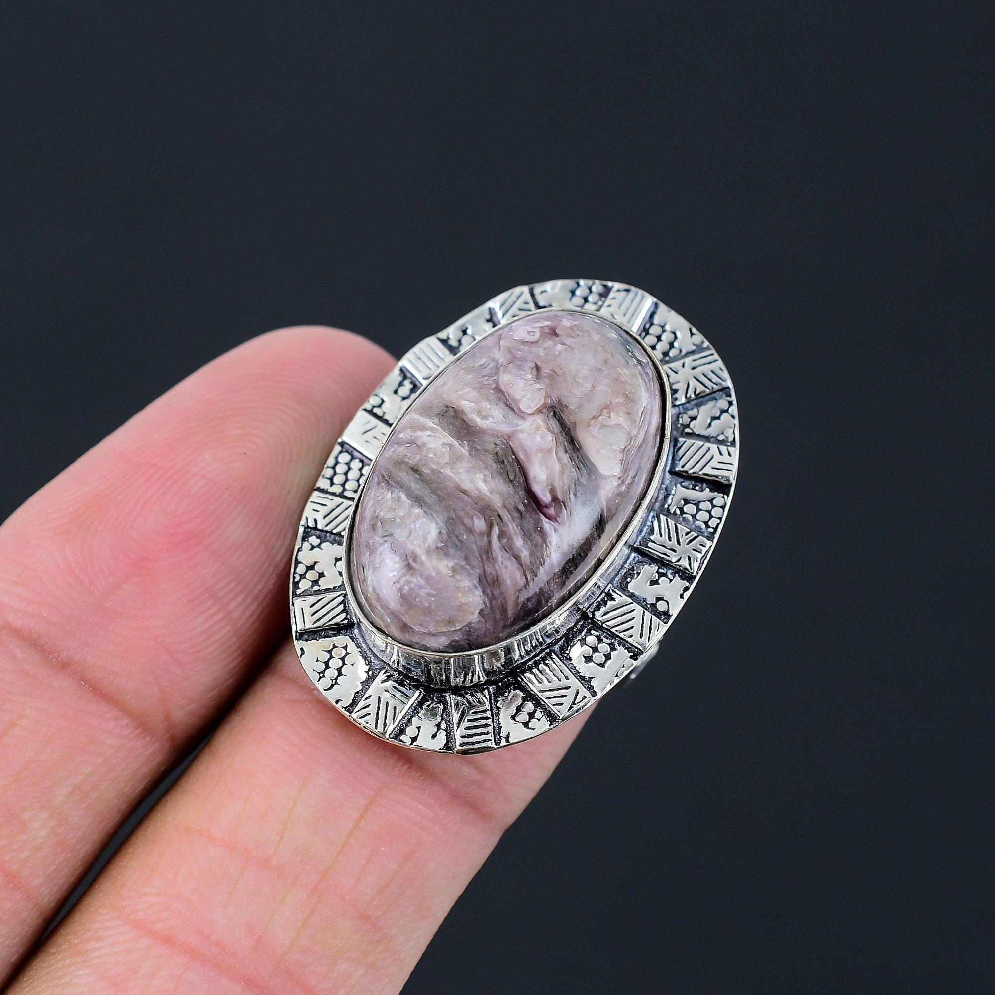 Daughters Day Sale Charoite Gemstone Elegant Statement Ring 925 Silver US 6.5 6.5