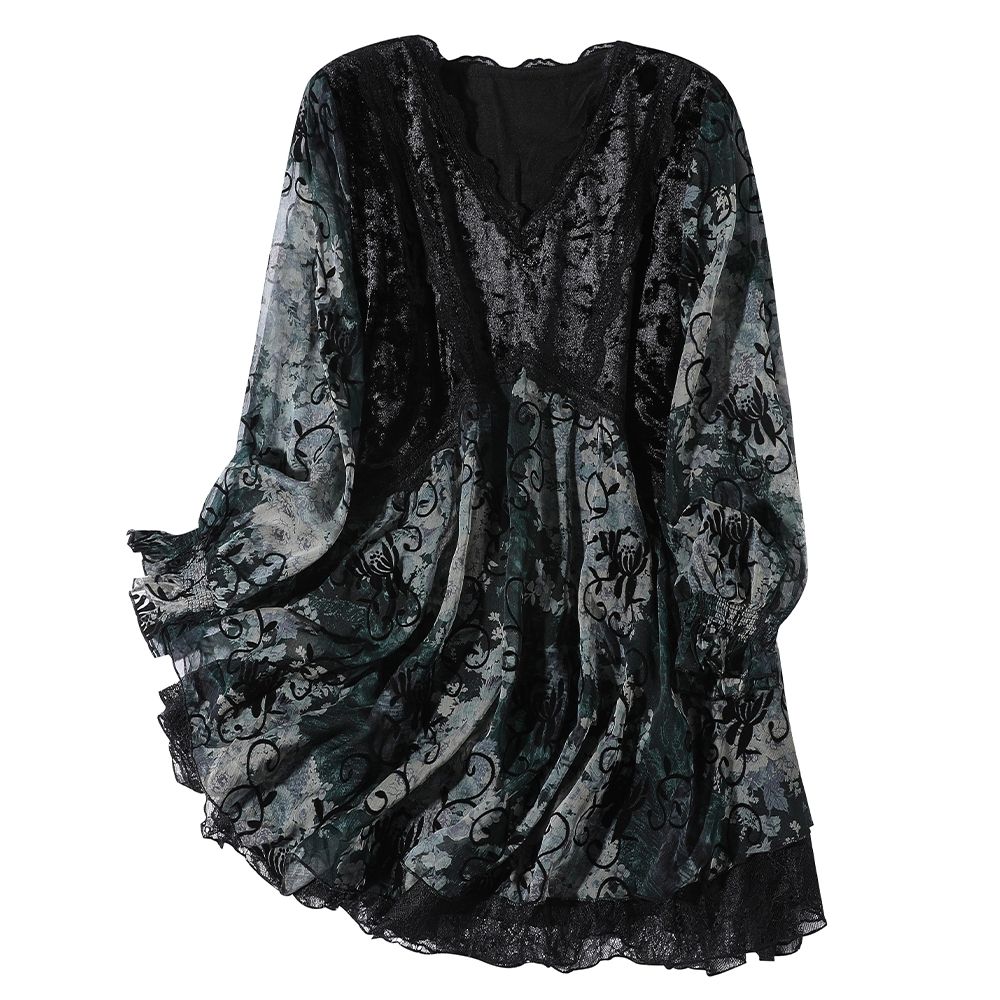 Chiffon Shirt Women's Spring and Summer New Fashion High-end Temperament Velvet Stitching Loose Large Size Retro Printed Top