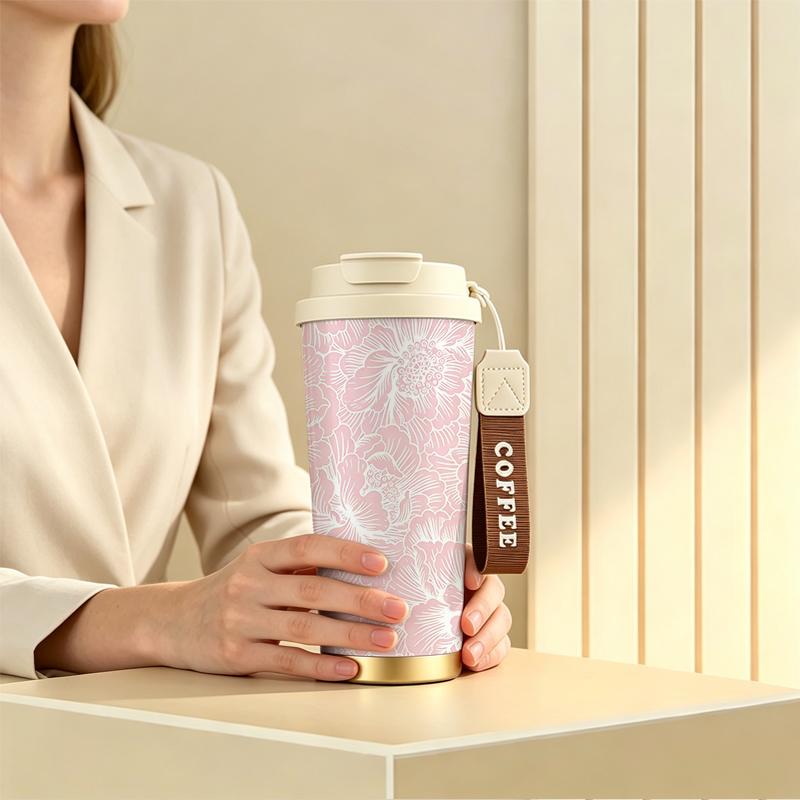 532ml Coffee Mug Peony Motif Strap Coffee Cup Car Handy Cup Commuter Coffee Cup Premium Gift Water Cup 532ml Coffee Mug