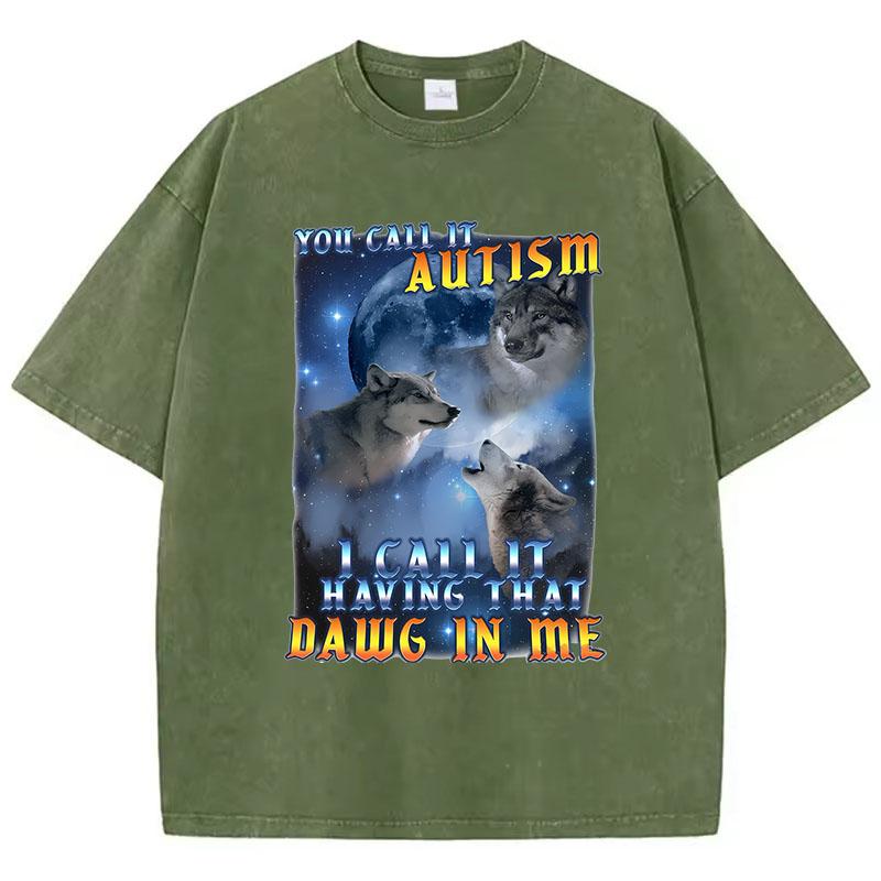Retro Autism Wolf T Shirt Vintage Washed Cotton TShirt Graphic Tee Casual Streetwear for Spring Summer Fall