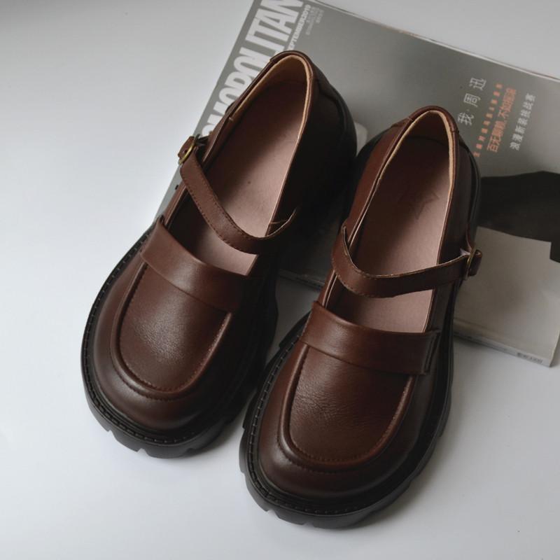 Fashion Leather Big Head Loose Flat Women's Shoes Platform Mary Jane Shoes Thick Soled Cow Leather Shoes