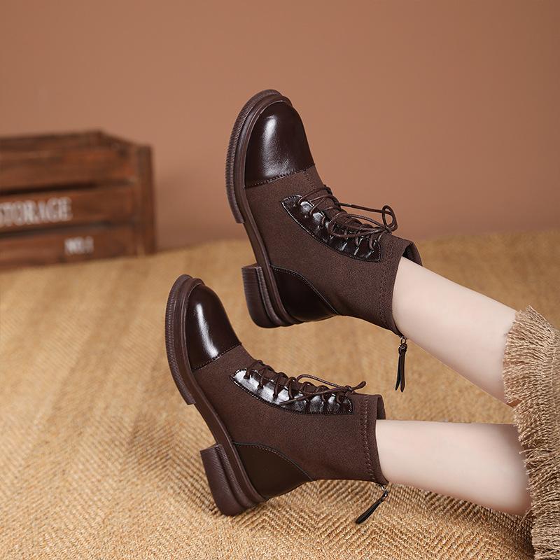 British Short Boots Lace-Up Boots Women's French Single Boots Round Head Thick Heel Martin Boots Skinny Versatile Skinny Boots Women