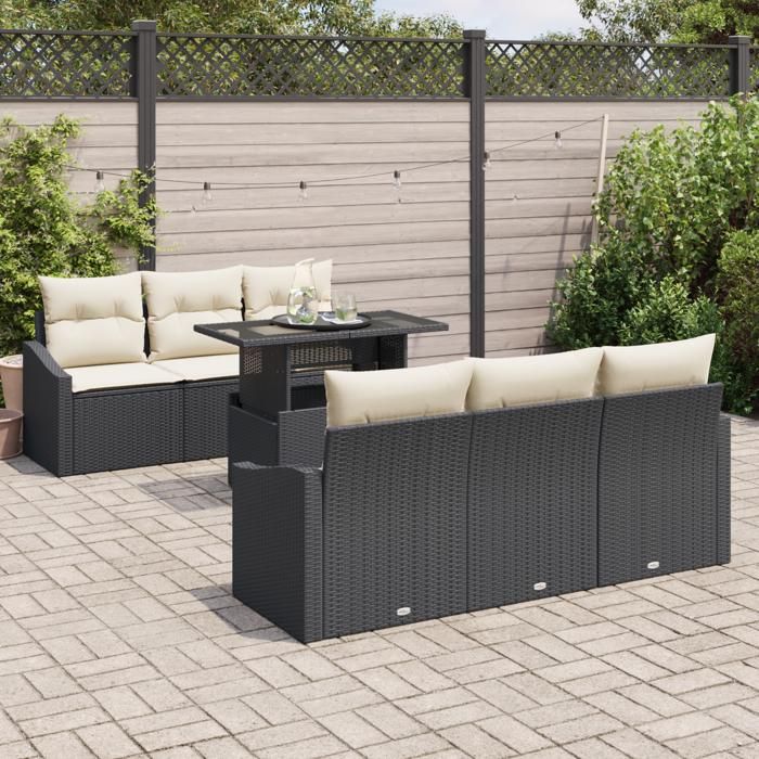 VidaXL Ensemble 7 pièces de canapé de jardin noir en poly rattan avec coussins 3348923