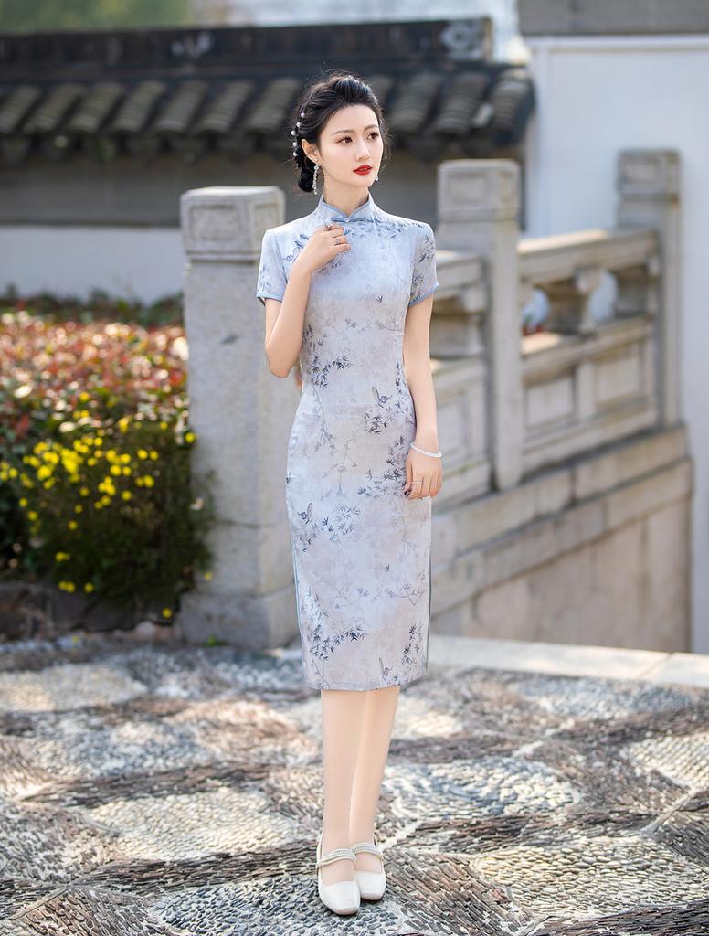 Silk jacquard medium and long cheongsam 1011 new Chinese women's printed double-layer short-sleeved high-end simple and elegant daily cheongsam