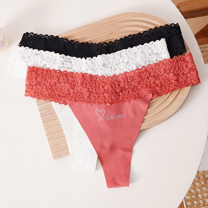 CINOON 3 Stück/Los Damen Sexy Niedrig geschnittener Tanga Spitze am Bund Nahtloser Slip Einfarbiger Leichter Atmungsaktiver Tanga