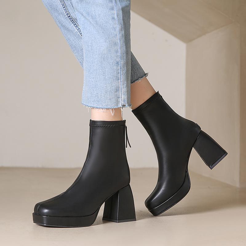 Women's High Heels Short Boots Fashion Autumn Winter Chunky Heels Waterproof Shoes Square Toe Plus Size Ankle Boots