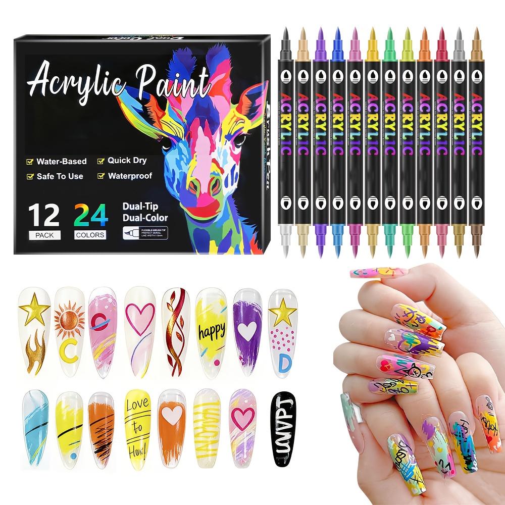 12-Piece Dual-Tip Nail Art Pen Set - 24 Fast-Drying Acrylic Colors for Home & Salon DIY 12 Double-ended Nail Art Brush