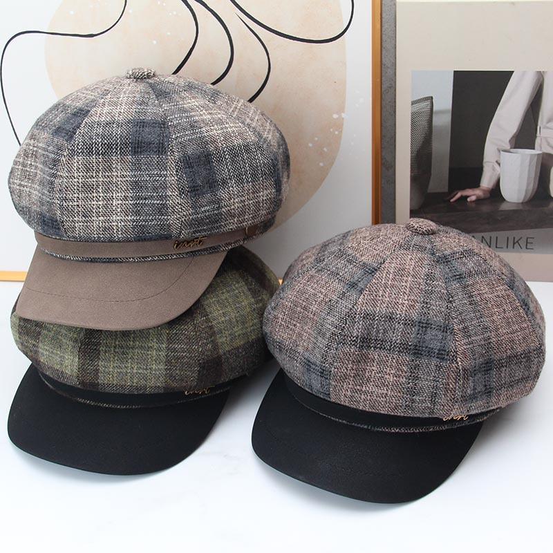 Retro plaid octagonal hat women's autumn and winter woolen splicing newsboy hat short brim painter hat versatile face hat