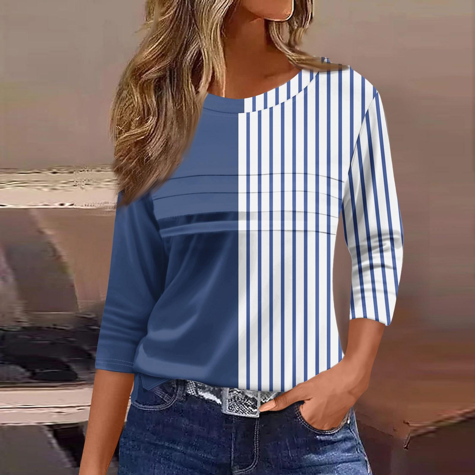 

Женская мода повседневный свободный топ с рукавом 3/4 в полоску с круглым вырезом L темно-синий