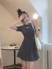 Large size fat mm French retro Hepburn style dress for women's summer feeling hollow belly covering and thin small black dress tide