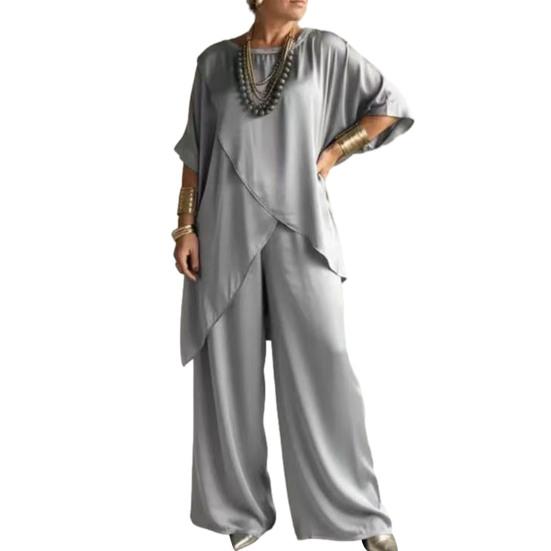 Damen 2-teilige Satin-Outfits Halbarm Asymmetrischer Saum Oberteil Weite Hosen Sets Sommer Lockere Lounge-Sets