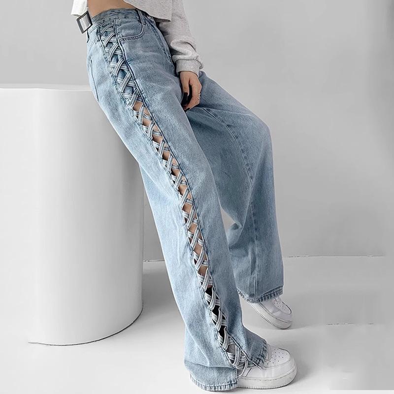 Spring 2024 Women's Designer High-Waisted Braided Hollow Wide-Leg Jeans