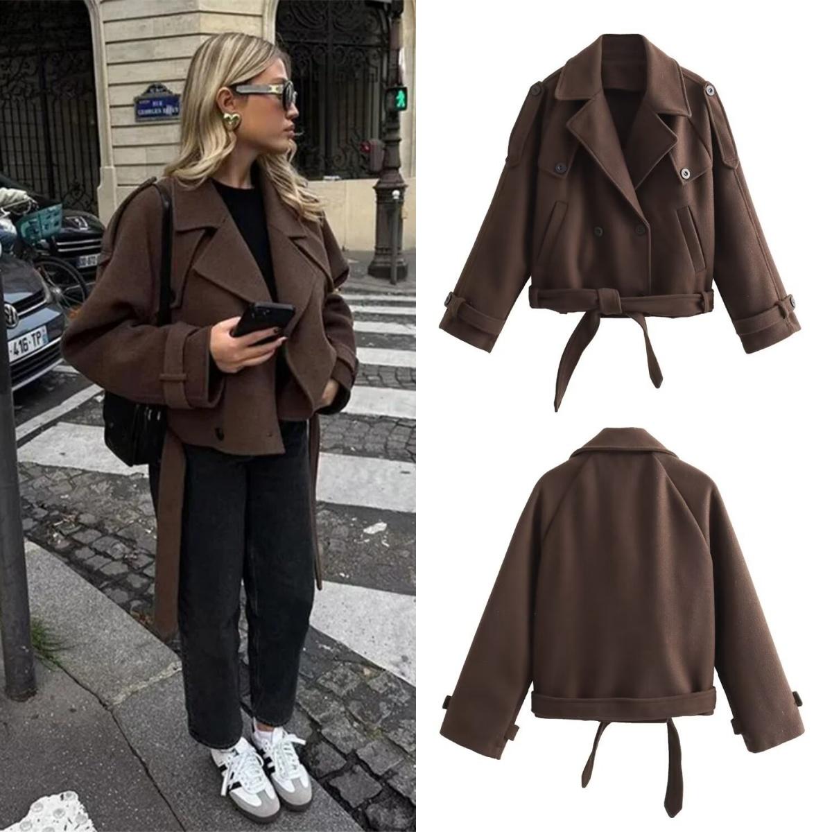 

Шикарное однотонное пальто с отложным воротником на пуговицах и шнуровкой для женщин 2024 года, осень-зима, свободное теплое пальто с длинными рукавами и карманами, женская уличная одежда