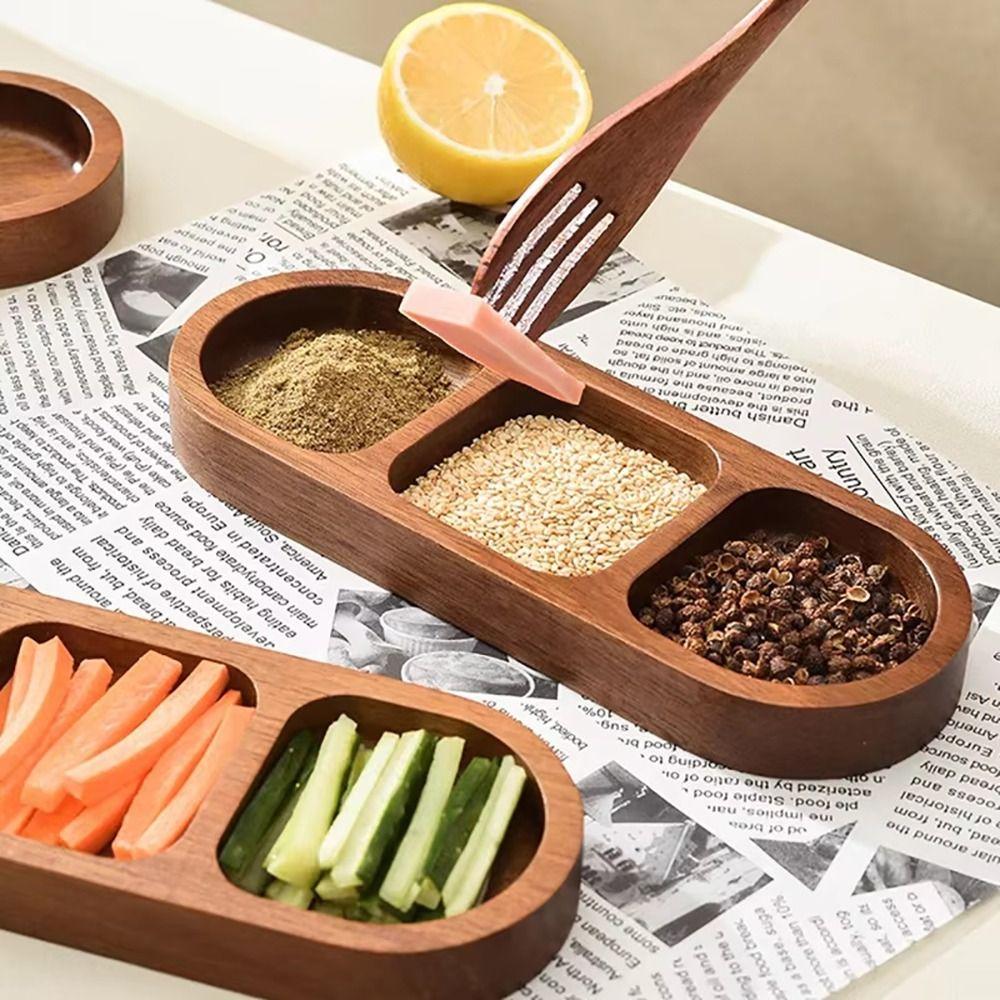 1 Stück Langlebiges 2/3/4 Fächer Massivholztablett Holz Retro Gewürztablett Gewürzschale Küche Abendessen