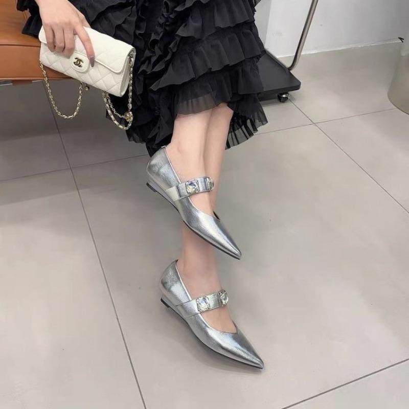 Fashion Pointed Toe Women Mules Ballet Dance Loafers 2024 New Arrivals Black Brown Silver Metal Chain Casual Sandals Belt Buckle