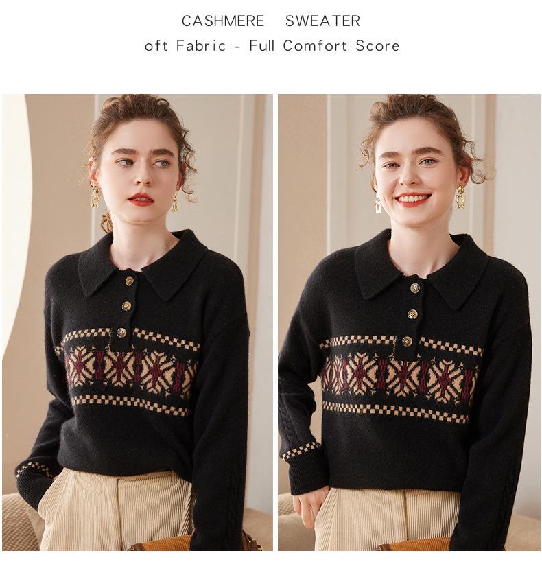 Women's Light Luxury Cashmere Polo Neck Sweater - Loose Fit Wool Knit Pullover