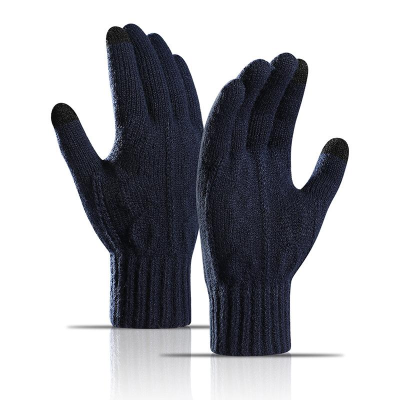 Knitted Gloves for Men Autumn and Winter Jacquard Split Finger Yarn Gloves with Thick Velvet and Warm Touch Screen Gloves