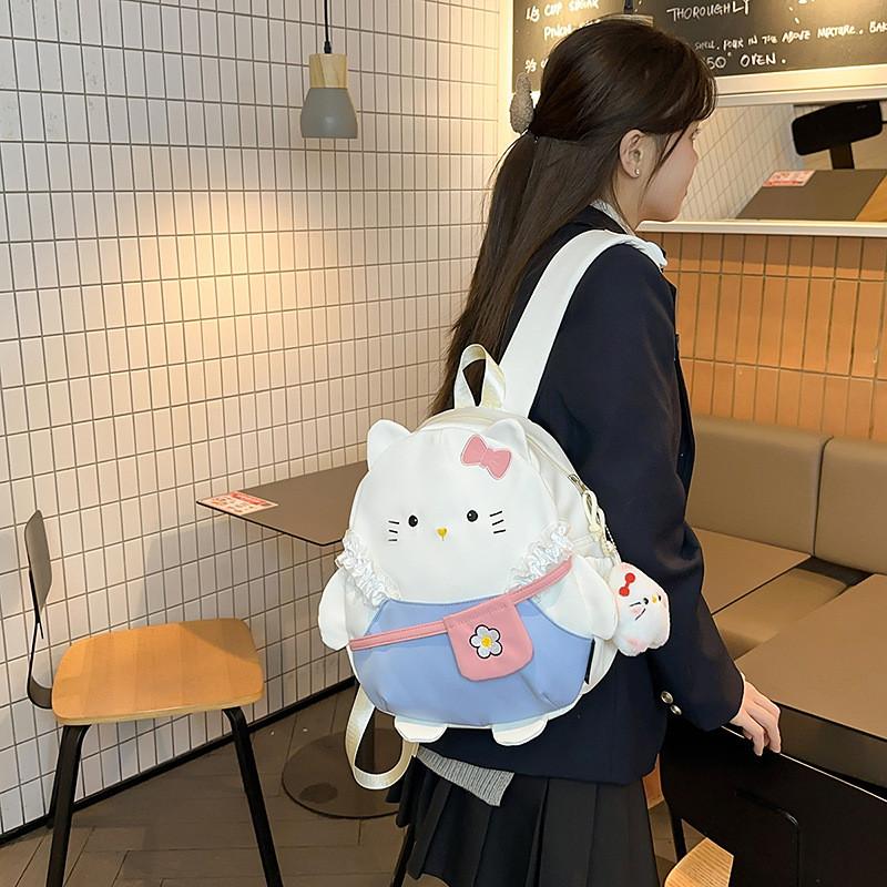 Cat Cartoon Embroidered Backpack For Girls Large Capacity Nylon School Bag With Zipper Closure For Daily Use