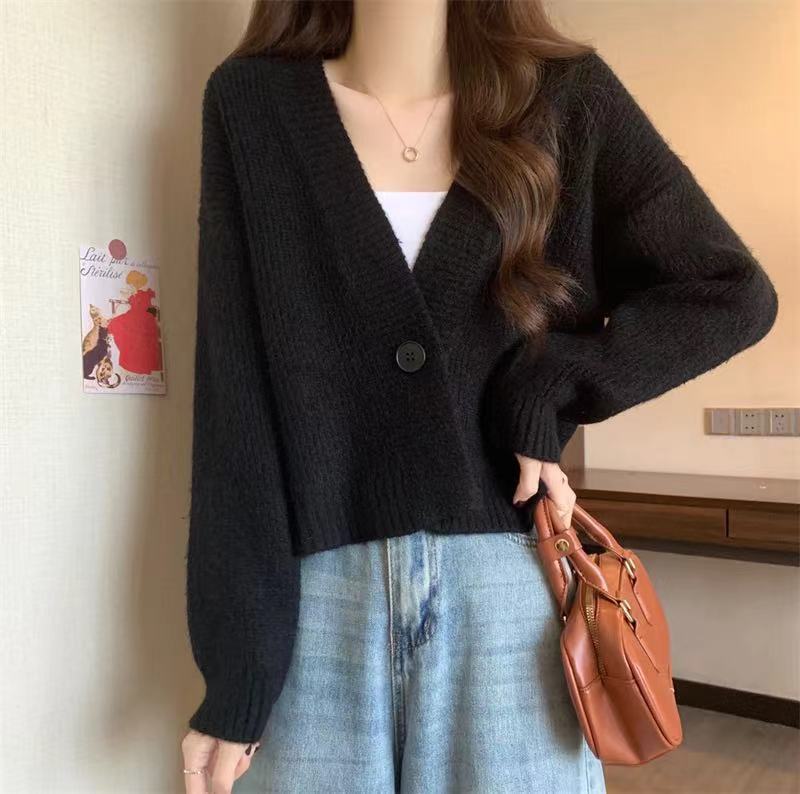 

Autumn and winter new casual simple style knitted cardigan women s loose V-neck loose and versatile solid color sweater One Size
