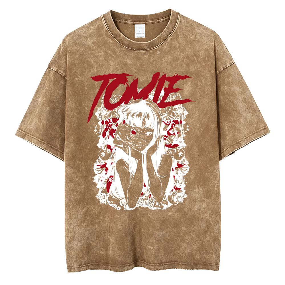 Unisex Washed Vintage Horror Anime Junji Ito Uzumaki Graphic T-shirt Men Women Manga Retro Oversized T Shirt Y2k Casual Cotton T-shirts