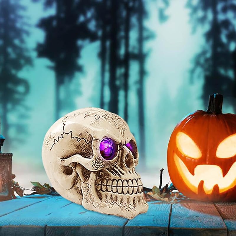 Halloween Gothic Glowing Skull, Human Skull with LED Light Up Glowing Eyes, Lighted Novelty Resin Statue, for Indoor Bar Holiday Horror Haunted House