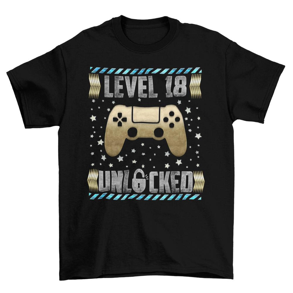 Kids 18th Birthday Gaming T-Shirt Level 18 Unlocked Gamer Gift Eighteenth Teen Unisex T-Shirt M