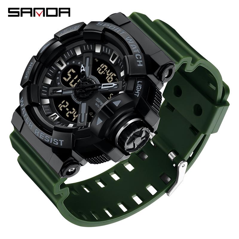 Sanda Men's Dual Display Waterproof Sports Watch: Multifunctional, Luminous, Fashionable, and Versatile for Outdoor Activities.