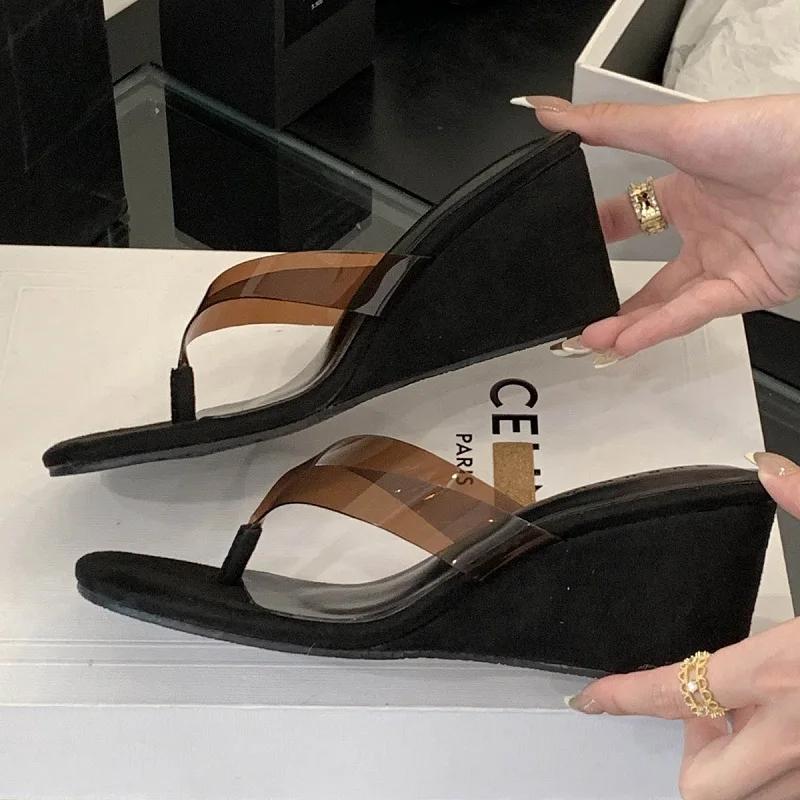 Fashion Round Clip Toe PVC Transparent Women Slippers Designer Wedge High Heels Flip Flops Ladies Shoes