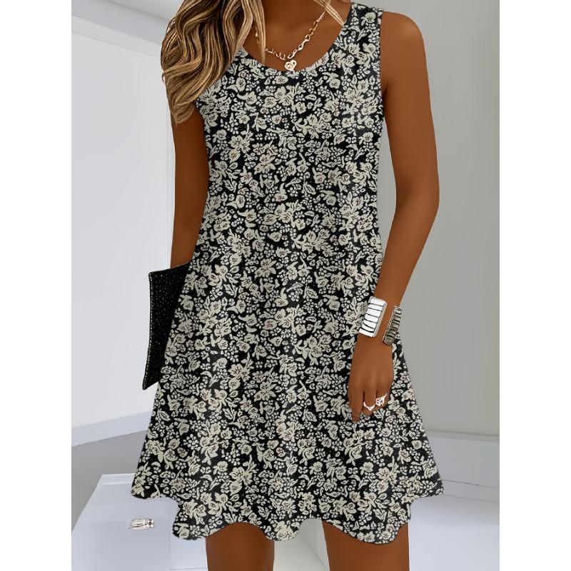Women s retro floral print dress, knitted fabric, women s A-line skirt, casual outdoor sleeveless round neck dress 5XL
