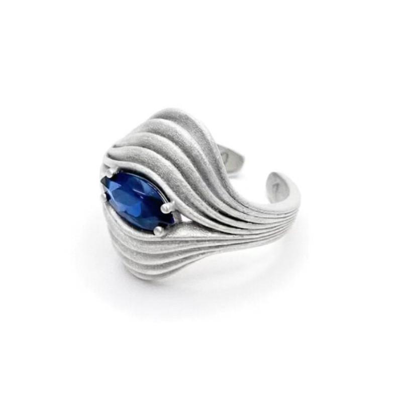 Adjustable Open Ring With Nebula Eye Motif Blue Zircon Geometric Wave Unisex Vintage Statement