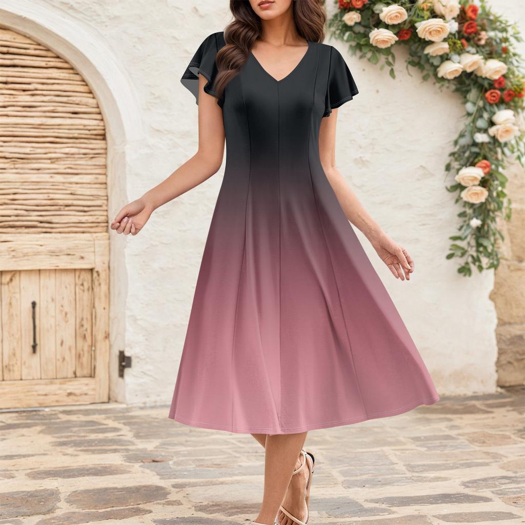 Women's Summer Fashion V-Neck Ruffle Sleeve Retro Elegant Midi Dress