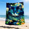 1pc Blue Cat Flowers Print Outdoor Blanket, Lightweight Polyester,