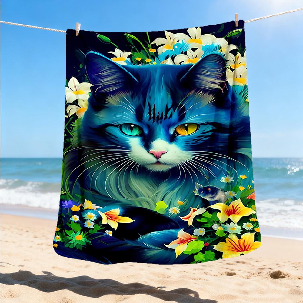 1pc Blue Cat Flowers Print Outdoor Blanket, Lightweight Polyester,