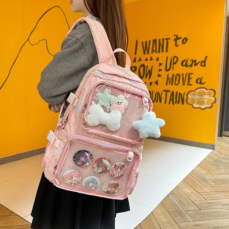 

Junior high school student schoolbag female cute fresh large capacity backpack Japanese ins girl transparent shoulder pain bag single bag. розовый