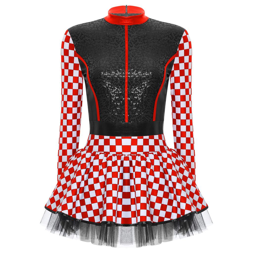 Damen Rennfahrerin Kostüm Schachbrettmuster Langarm Pailletten A-Linie Tüllrock Shorts Fahrerkleid