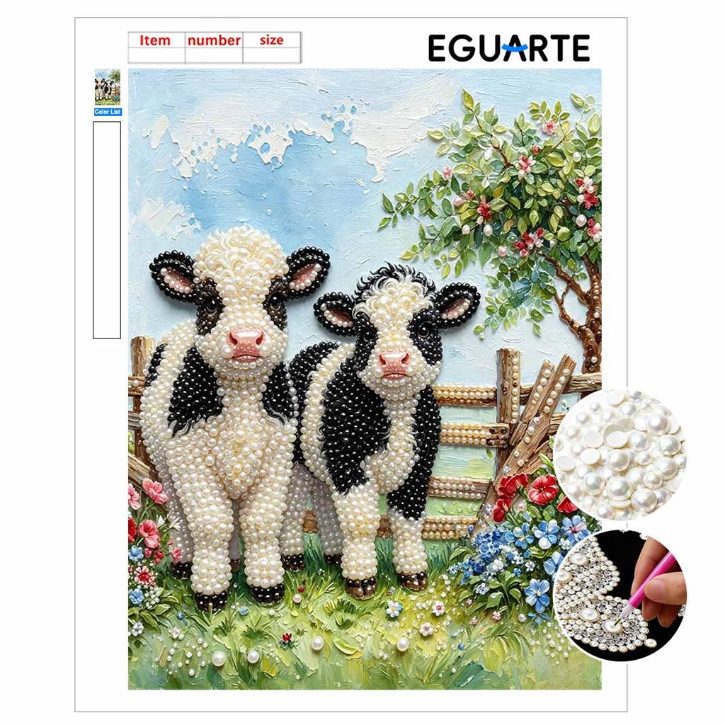 Handmade Framed Pearl Painting Set with Cute Farm Baby Cow Design 5D Shiny Bead Art Canvas Creative Craft for Home Wall Room Decor